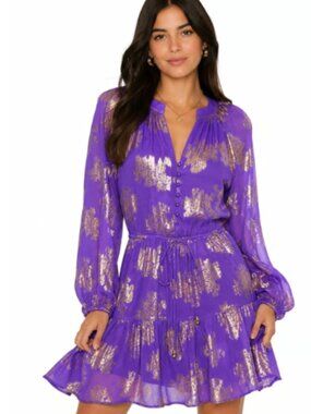Karina Grimaldi Silk Purple Metallic Gold Chiffon Long Sleeve Dress Size Medium